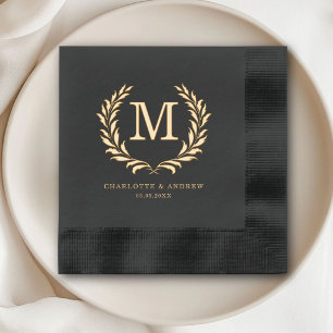 Elegant Crest Monogram Black Wedding Foil  Napkins
