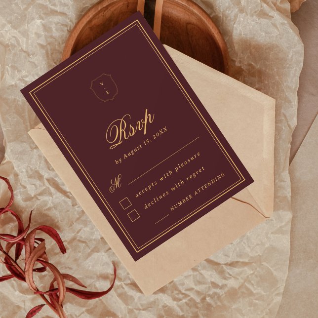Elegant Crest Monogram Burgundy Gold Fall Wedding RSVP Card (Creator Uploaded)