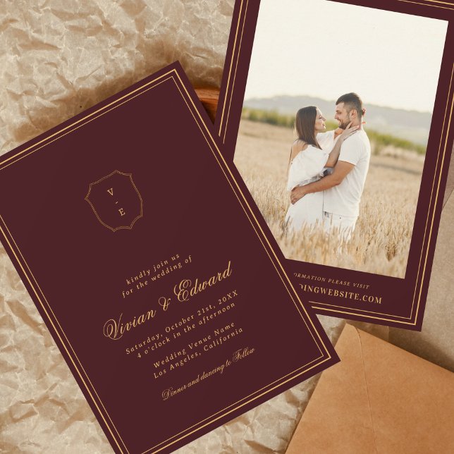 Elegant Crest Monogram Burgundy & Gold Wedding Invitation (Creator Uploaded)