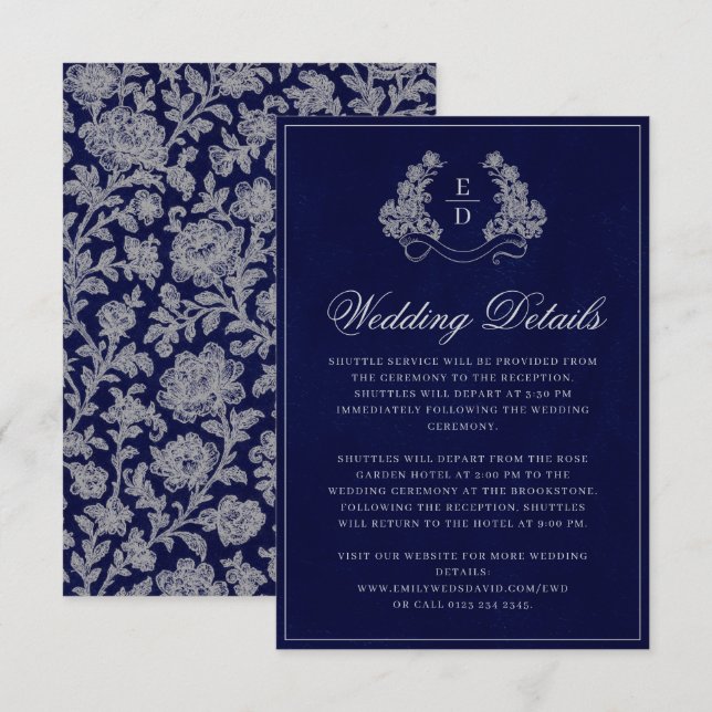 Elegant Crest Monogram Navy Heritage Wedding Enclosure Card (Front/Back)