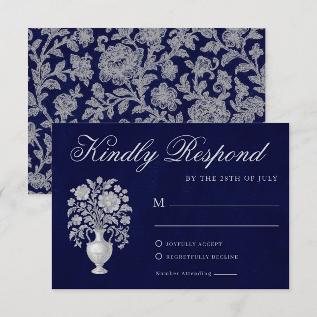 Elegant Crest Monogram Navy Heritage Wedding RSVP Card (Front/Back)