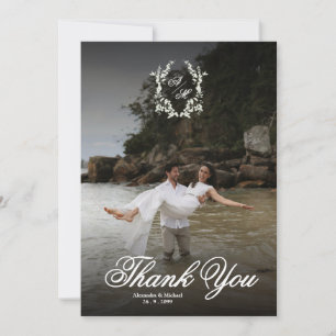 Elegant Crest Monogram Photo Overlay Wedding Thank You Card