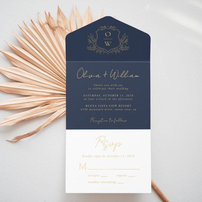 Elegant Crest Monogram Script Blue Wedding All In One Invitation (Creator Uploaded)