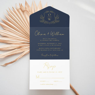 Elegant Crest Monogram Script Blue Wedding All In One Invitation