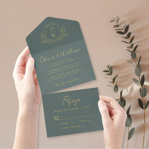 Elegant Crest Monogram Script Sage Wedding All In One Invitation