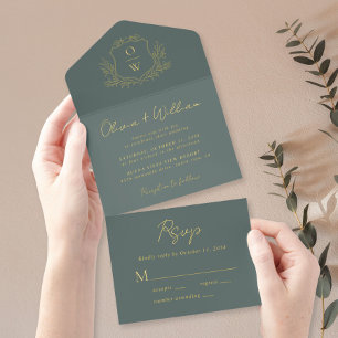 Elegant Crest Monogram Script Sage Wedding All In One Invitation