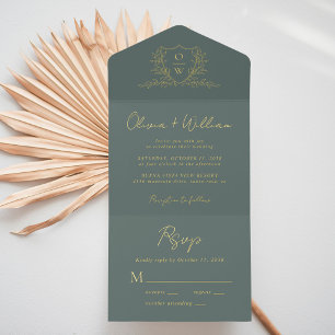 Elegant Crest Monogram Script Sage Wedding All In One Invitation