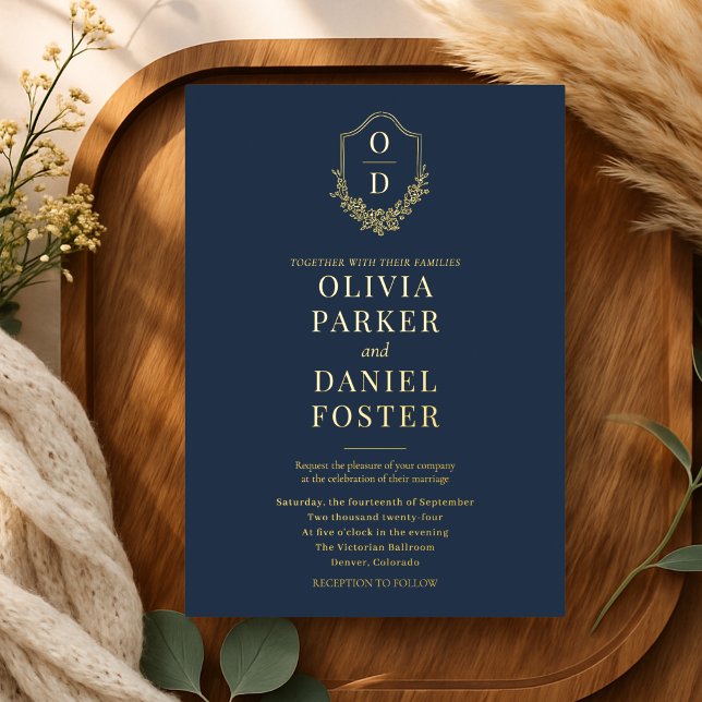 Elegant Crest Monogram Wedding Navy Blue Gold (Creator Uploaded)