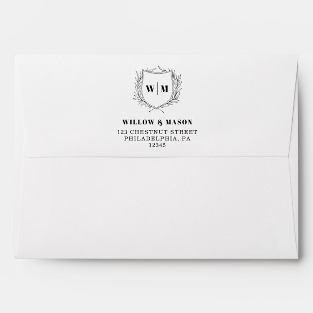 Elegant Crest Monogram Wedding Return Address Envelope (Back (Top Flap))