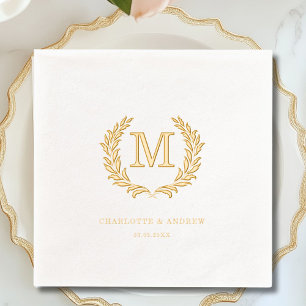 Elegant Crest Monogram White Wedding Foil Napkins