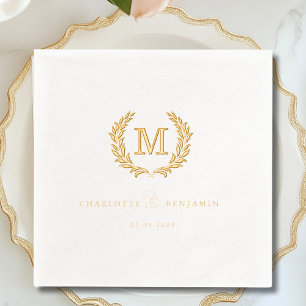 Elegant Crest Monogram White Wedding Foil Napkins