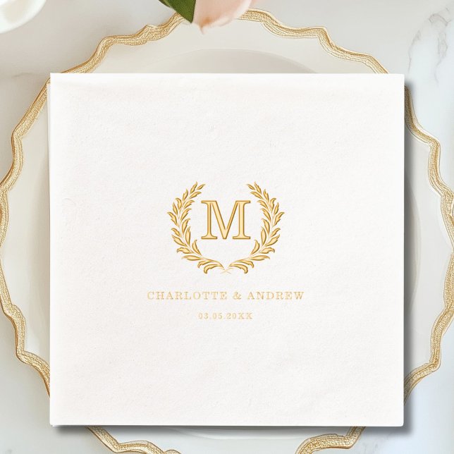 Elegant Crest Monogram White Wedding  Foil Napkins (Elegant Crest Monogram White Wedding Foil Napkins)