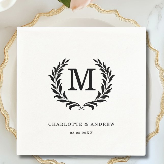 Elegant Crest Monogram White Wedding  Napkin (Elegant Crest Monogram White Wedding Napkins)
