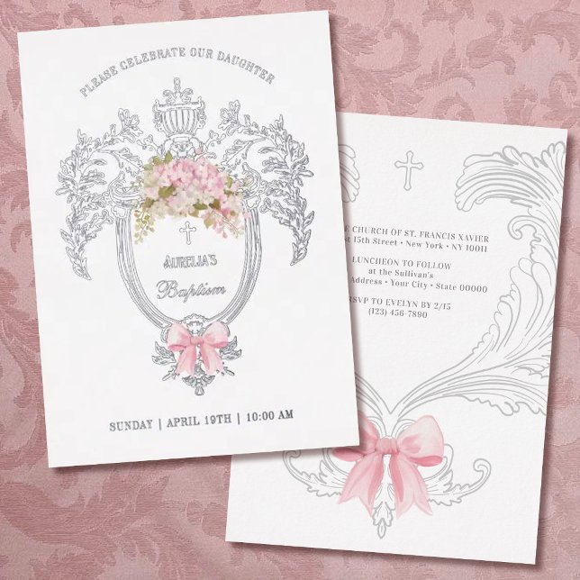 Elegant Crest Pink Bow Baptism Silver (Creator Uploaded)