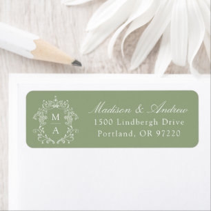 Elegant Crest Sage Green Monogram Wedding Address