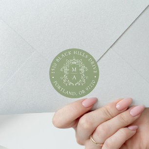 Elegant Crest Sage Green Wedding Return Address Classic Round Sticker