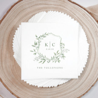 Elegant Crest Sage Watercolor Wedding Logo Napkin