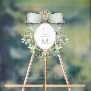 Elegant Crest w/ Green Bow Wedding Welcome Acrylic Sign