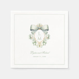 Elegant Crest w/ Sage Green Bow   Monogram Wedding Napkin