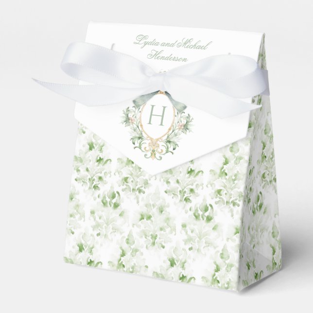 Elegant Crest w/ Sage Green Bow | Wedding Favor Box (Front Side)