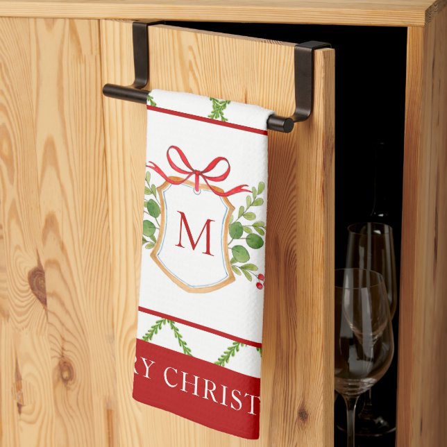 Elegant Crest with Initial Holiday Kitchen Towel (Thirds Fold)