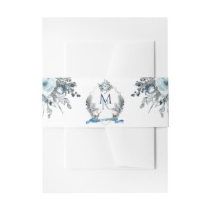 Elegant Crest with Initials, Dusty Blue Floral Invitation Belly Band