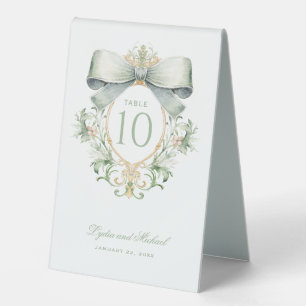 Elegant Crest with Sage Green Bow Table Number
