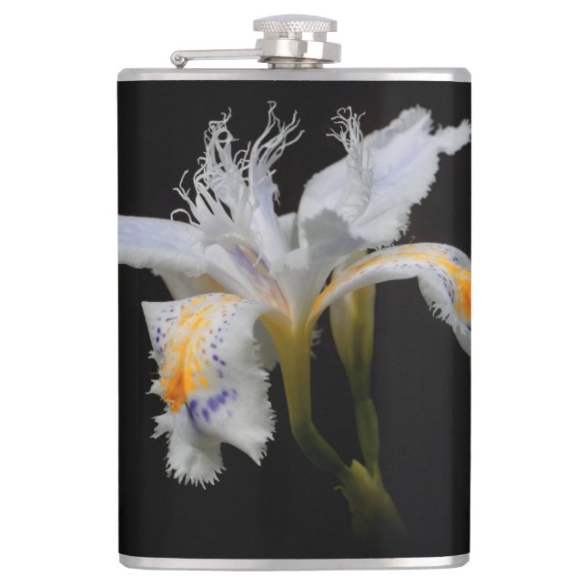 Elegant Crested Iris White Floral Hip Flask (Front)