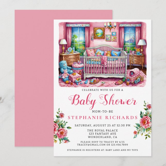 Elegant Crib Pink Nursery Room Baby Shower Invitation (Front/Back)
