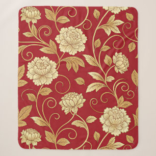 Elegant Crimson Floral Vine Pattern Sherpa Blanket