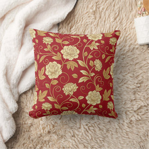 Elegant Crimson Floral Vine Pattern Throw Pillow