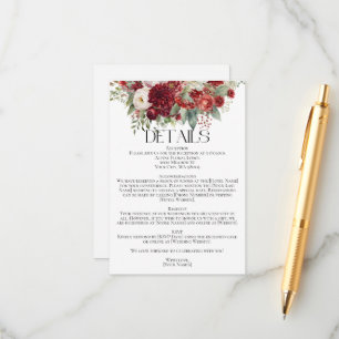 Elegant Crimson Red Cream Florals Wedding Details Enclosure Card