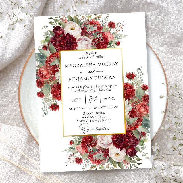 Elegant Crimson Red Florals Gold Frame Wedding Invitation (Creator Uploaded)