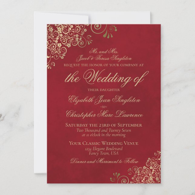 Elegant Crimson Red & Gold Formal Wedding Invitation (Front)