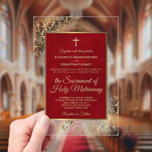 Elegant Crimson Red & Gold Ornate Catholic Wedding Acrylic Invitations