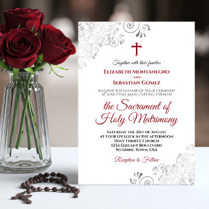 Elegant Crimson Red & Grey Modern Catholic Wedding Invitation