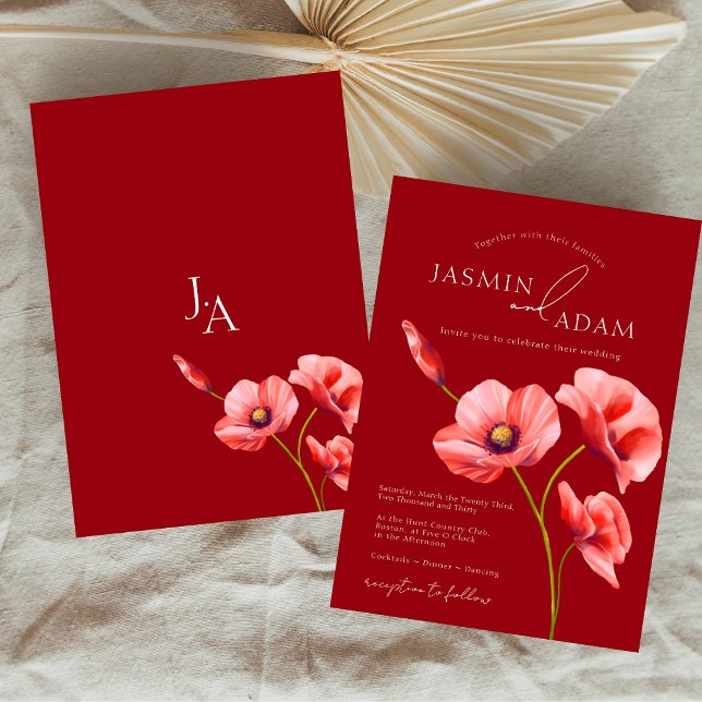 Elegant Crimson Red Poppies Monogram Wedding Invitation (Crimson Red Poppies Monogram Wedding Invitation)
