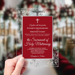 Elegant Crimson Red & Silver Chic Catholic Wedding Acrylic Invitations