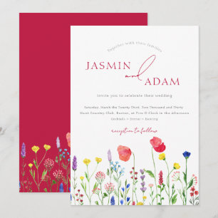 Elegant Crimson Red Wildflower Monogram Wedding Invitation