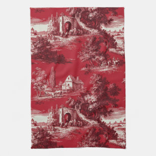 Elegant Crimson Toile - French Countryside Motifs Kitchen Towel