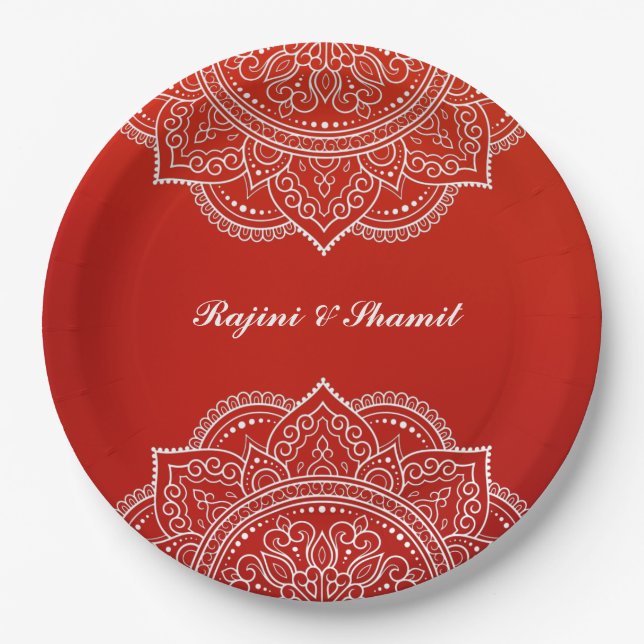 Elegant Crimson White Mandala Indian Hindu Wedding Paper Plate (Front)