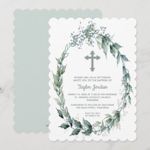 Elégant Croix verdure Wreath Baptism Invitation
