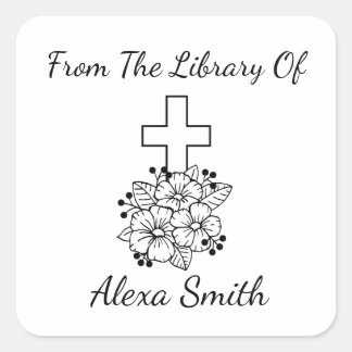 Elegant Cross and Flowers Personalized Bookplate Square Sticker