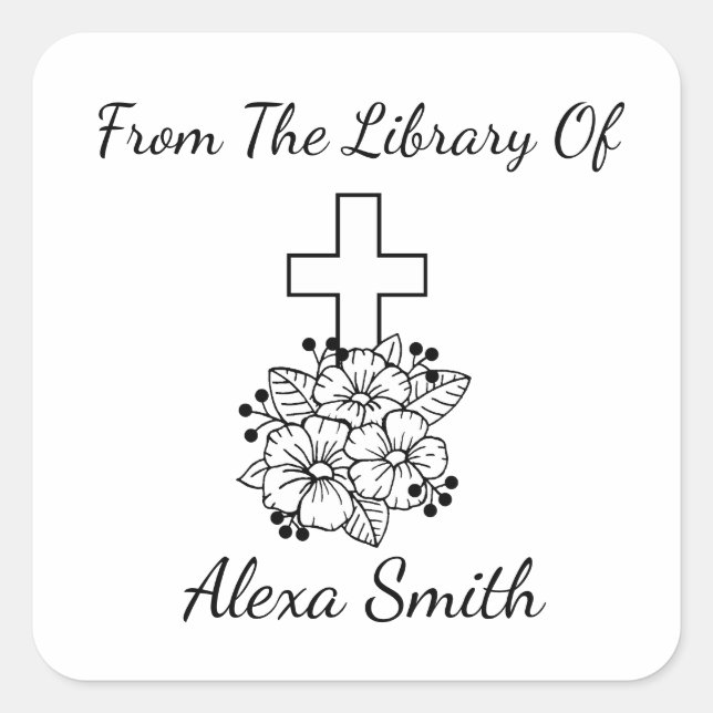 Elegant Cross and Flowers Personalized Bookplate Square Sticker (Front)