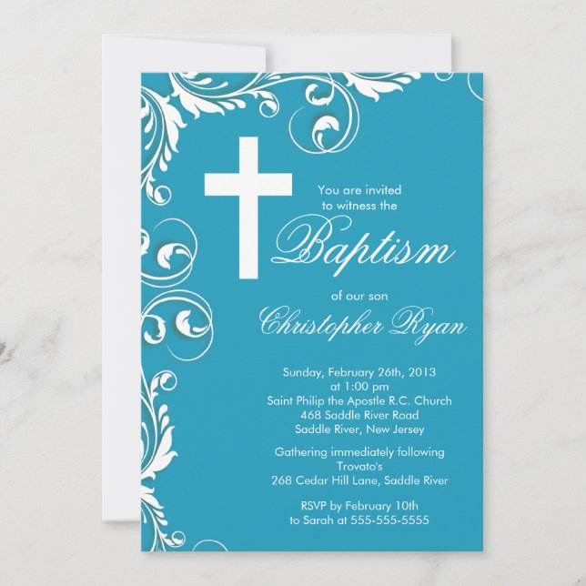 Elegant Cross Baby Boy Baptism Christening Invitation (Front)