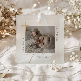 Elegant Cross Baptism Christening Photo Keepsake Glass Ornament