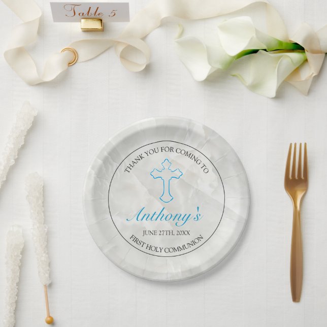 Elegant Cross Blue Boys First Communion Paper Plate (Wedding)