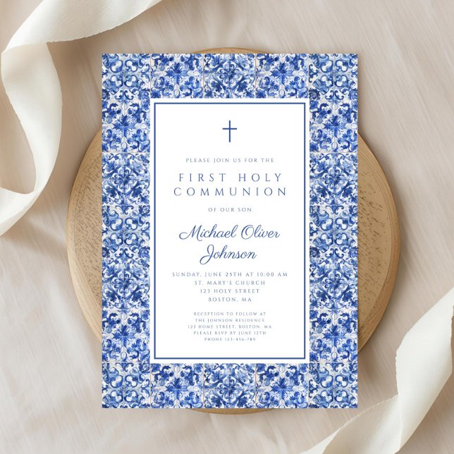 Elegant Cross Blue Tiles Boy First Communion Invitation (Elegant Cross Blue Tiles Boy First Communion Invitation)