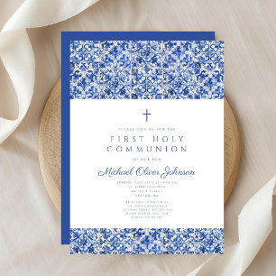 Elegant Cross Blue Tiles Boy First Communion Invitation