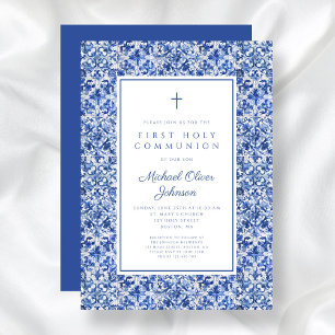 Elegant Cross Blue Tiles Boy First Communion Invitation